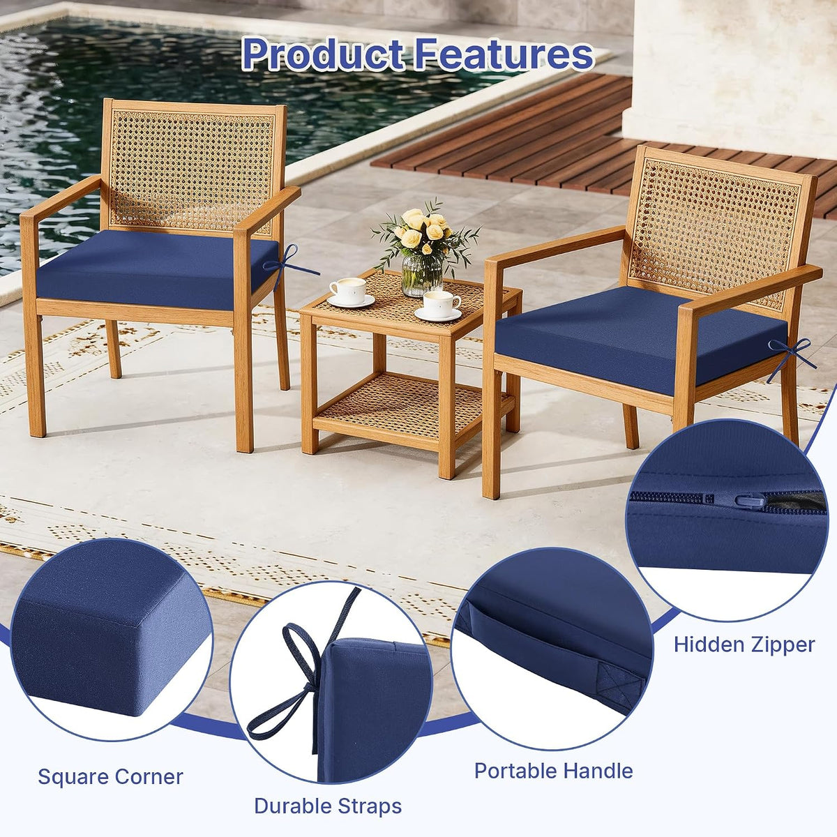 Outdoor Chair Cushions Set of 4 for Outdoor Patio Furniture, Waterproof Patio Seat Cushions with Handle & Ties, 3 Year Color Fastness Square Garden Sofa Couch Pads, 19" x 19" x 3", Navy Blue