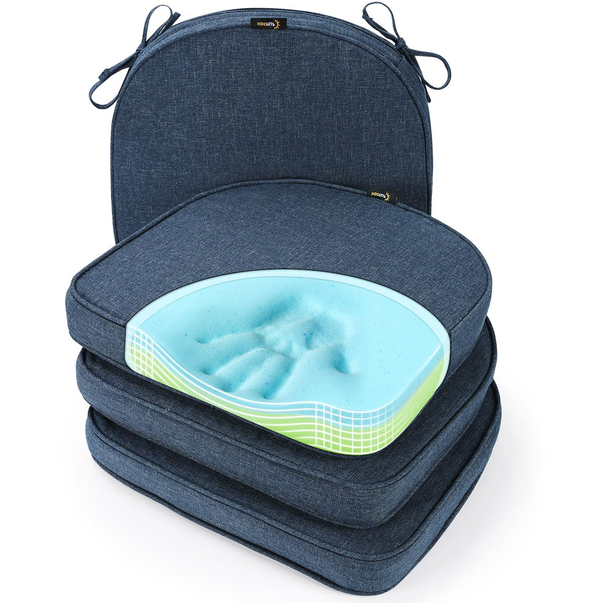 SUNROX Gel Memory Foam Chair Cushions, FadeShield Water-, Stain-Resistant Durable Reversible Seat Cushion Pads with Ties for Indoor/Outdoor Kitchen Dining Office 17"x16" Set of 2, Navy