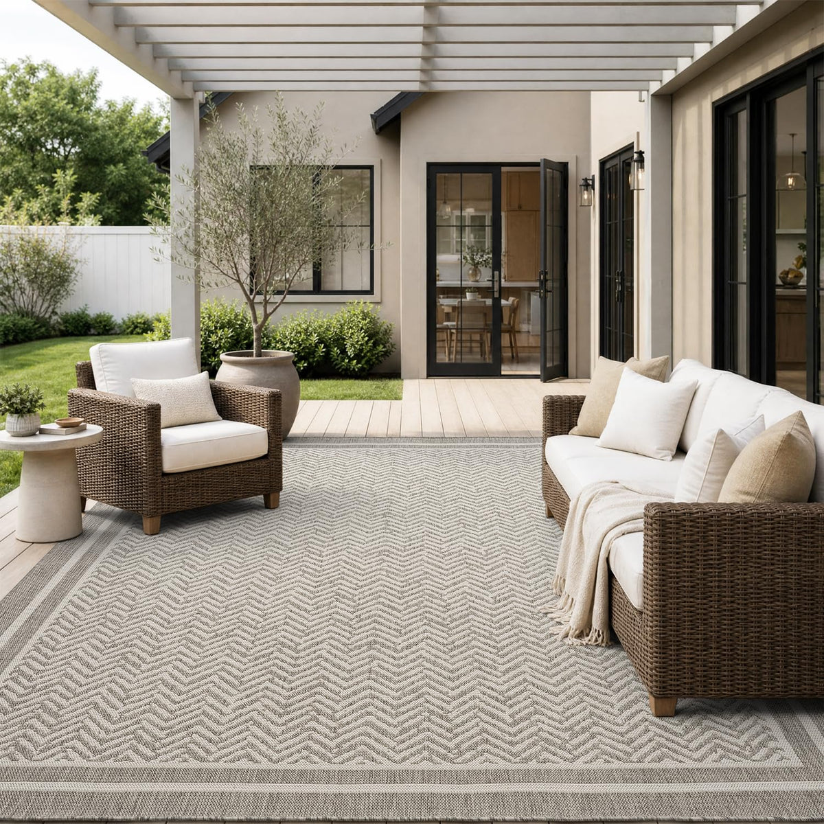 MontVoo-Outdoor Rug-Patio Rug 5x7 Polypropylene Indoor Outdoor Rugs Outdoor Carpet for Patio Deck Balcony Porch, Textured Weave, Durable for High Traffic, Fade-Resistant, Boho Farmhouse Neutral Brown