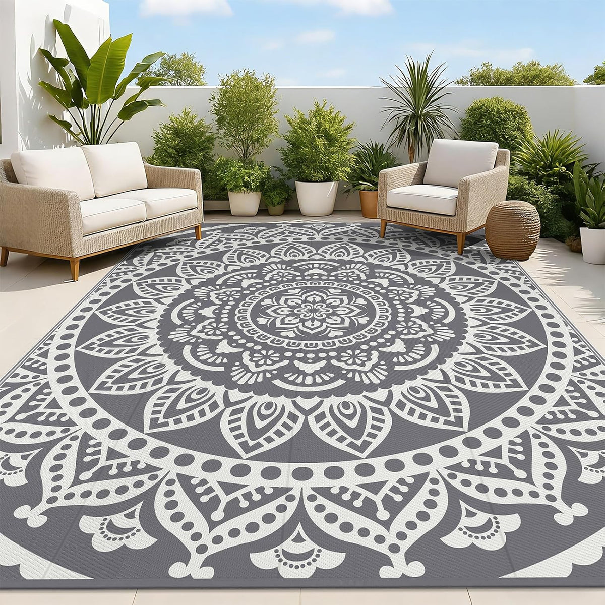 Bsmathom Waterproof Outdoor Rug 8'x10' Reversible Boho Plastic Straw Patio Deck Camping Rugs, Indoor Outdoor Portable RV Mat Clearance Carpet for Outside, Porch, Balcony, Backyard, Beach, Pool,Grey