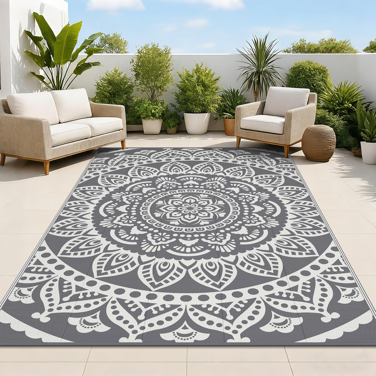 Bsmathom Waterproof Outdoor Rug 8'x10' Reversible Boho Plastic Straw Patio Deck Camping Rugs, Indoor Outdoor Portable RV Mat Clearance Carpet for Outside, Porch, Balcony, Backyard, Beach, Pool,Grey