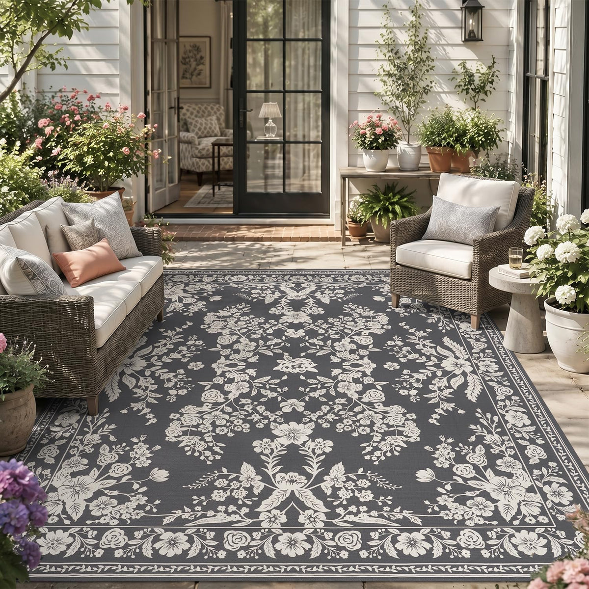 AMOAMI Outdoor Rug Patio Rug 5x8 ft Quick Dry Flatweave Textured Machine Washable Outdoor Carpet with Rubber Particles Backing Boho Outdoor Area Rug for Patio Deck Front Porch Balcony Greyish Black