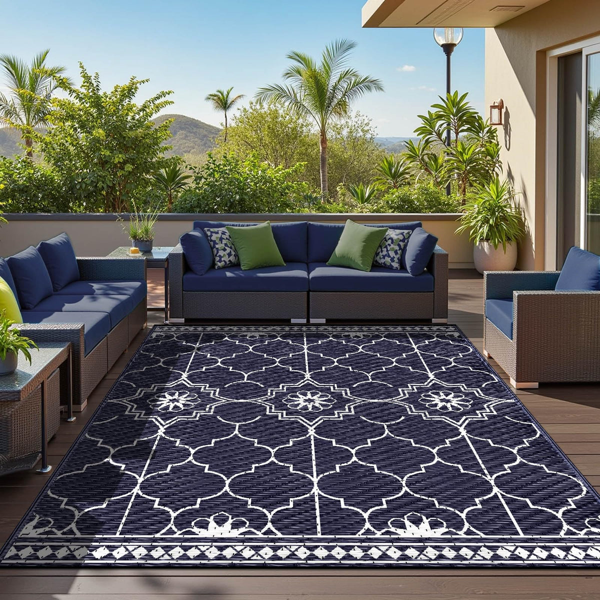 9x12Ft Outdoor Rug, Solar Powered Outdoor Rug with 131LEDs Strip Lights for House Deck, Waterproof Plastic Reversible Outdoor Straw Rugs, Rugs Mat RV Camping Patio Beach Balcony Picnic (Black Gray)