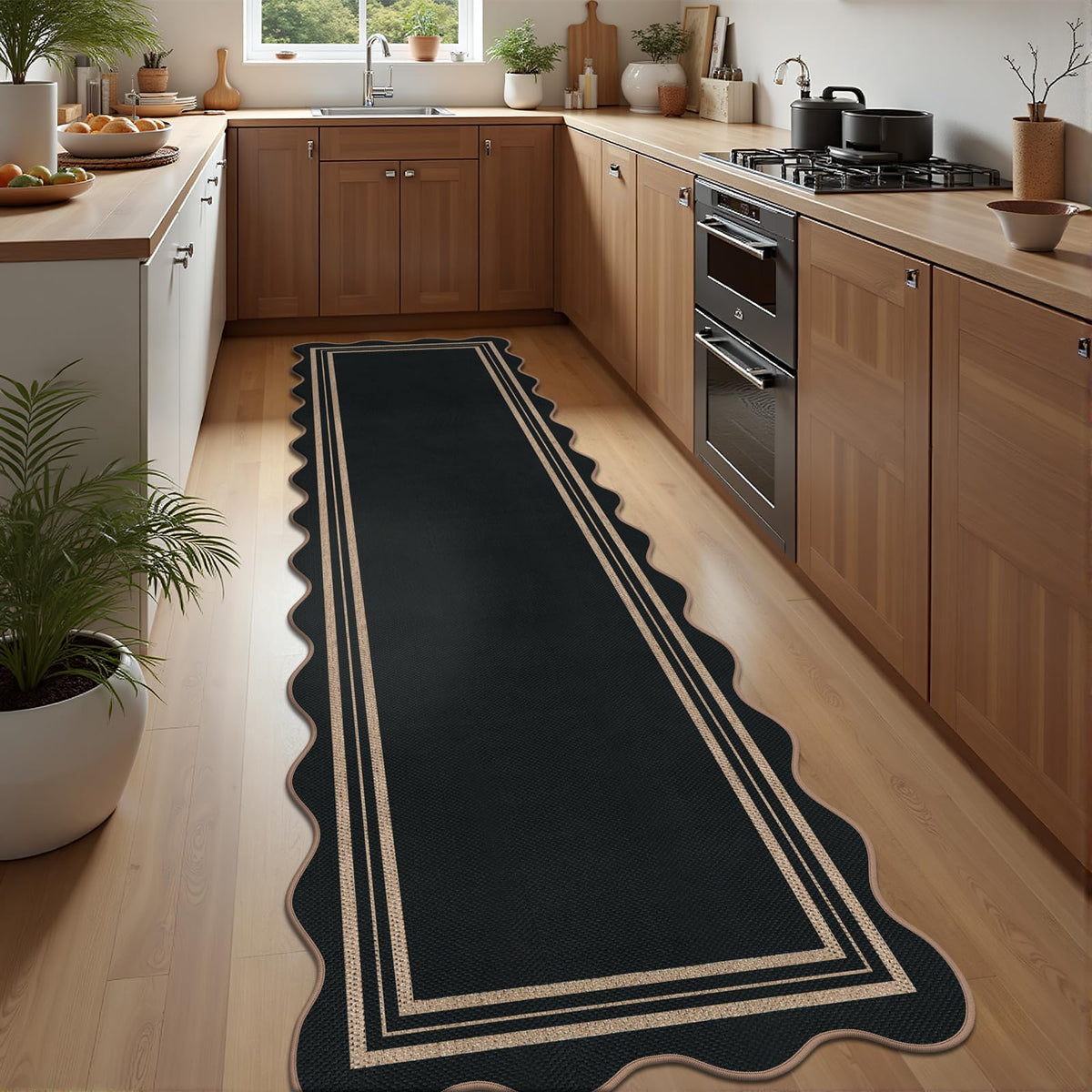 Scalloped Easy Jute 3x5 Front Door Mat, Washable Rugs for Entryway Black Outdoor Patio Rug, Farmhouse Neutral Non Slip Indoor Carpet for Porch Backyard