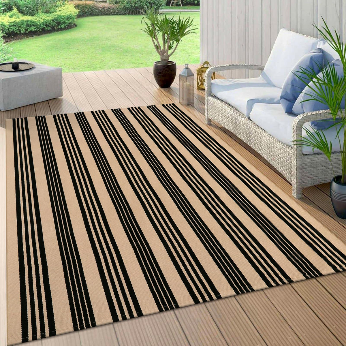 OJIA Outdoor Rug 3'x5', Black and Tan Patio Rugs Fall Door Mat Outside