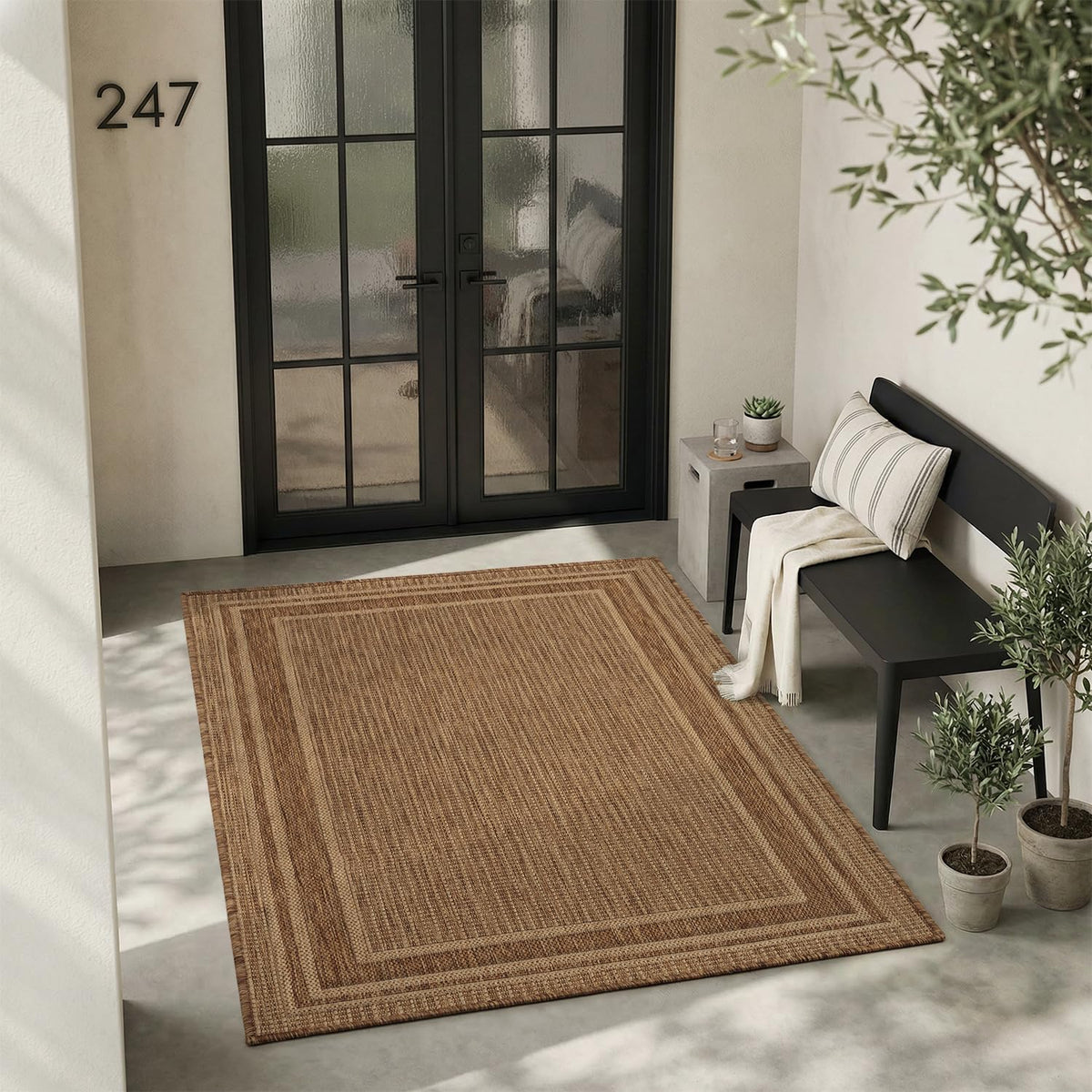 MontVoo-Outdoor Rug-Patio Rug 5x7 ft Polypropylene Indoor Outdoor Rugs Outdoor Carpet for Patio Deck Balcony Porch, Textured Weave, Durable for High Traffic, Fade-Resistant, Modern Neutral Brown