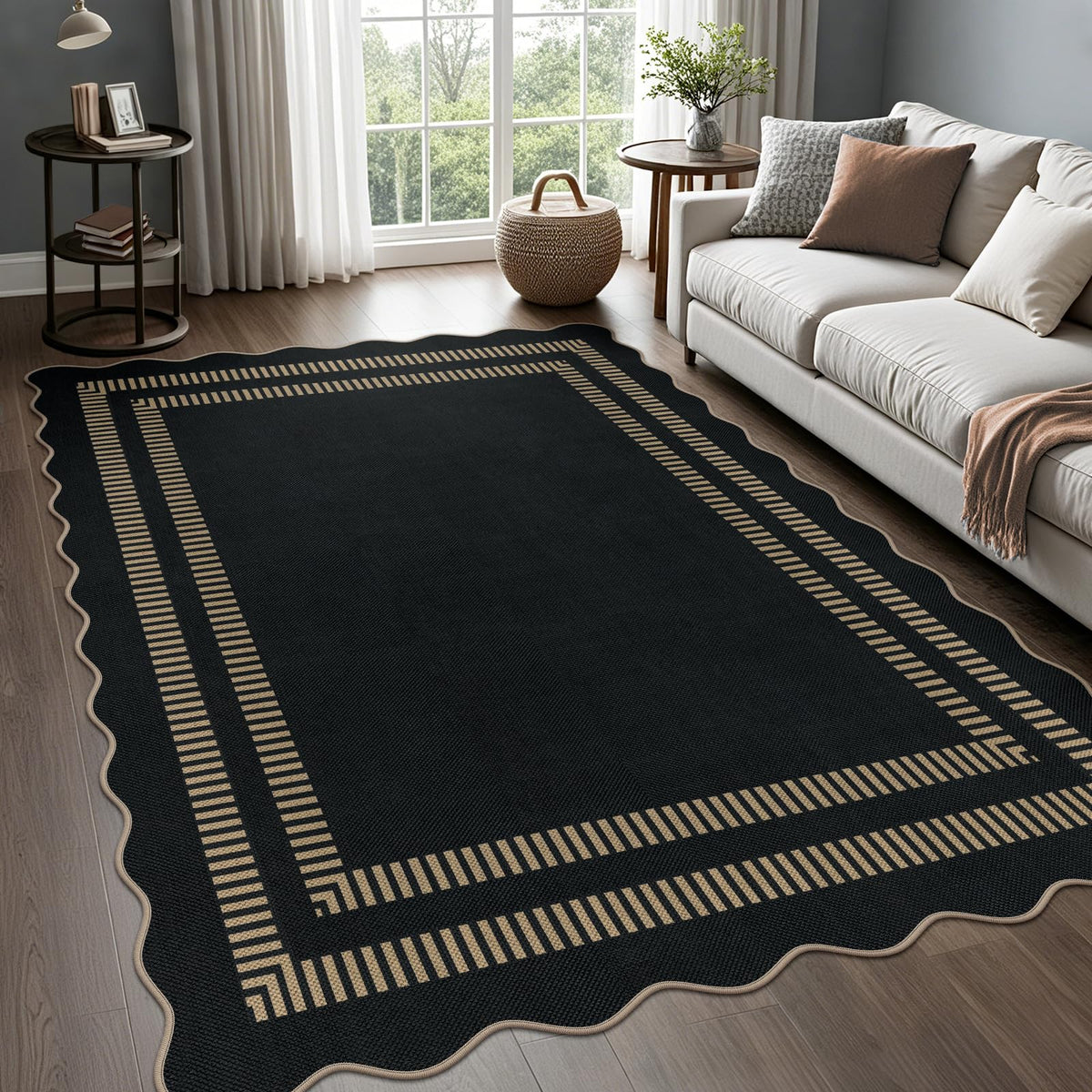 Scalloped Easy Jute 3x5 Front Door Mat, Washable Rugs for Entryway Black Outdoor Patio Rug, Farmhouse Neutral Non Slip Indoor Carpet for Porch Backyard