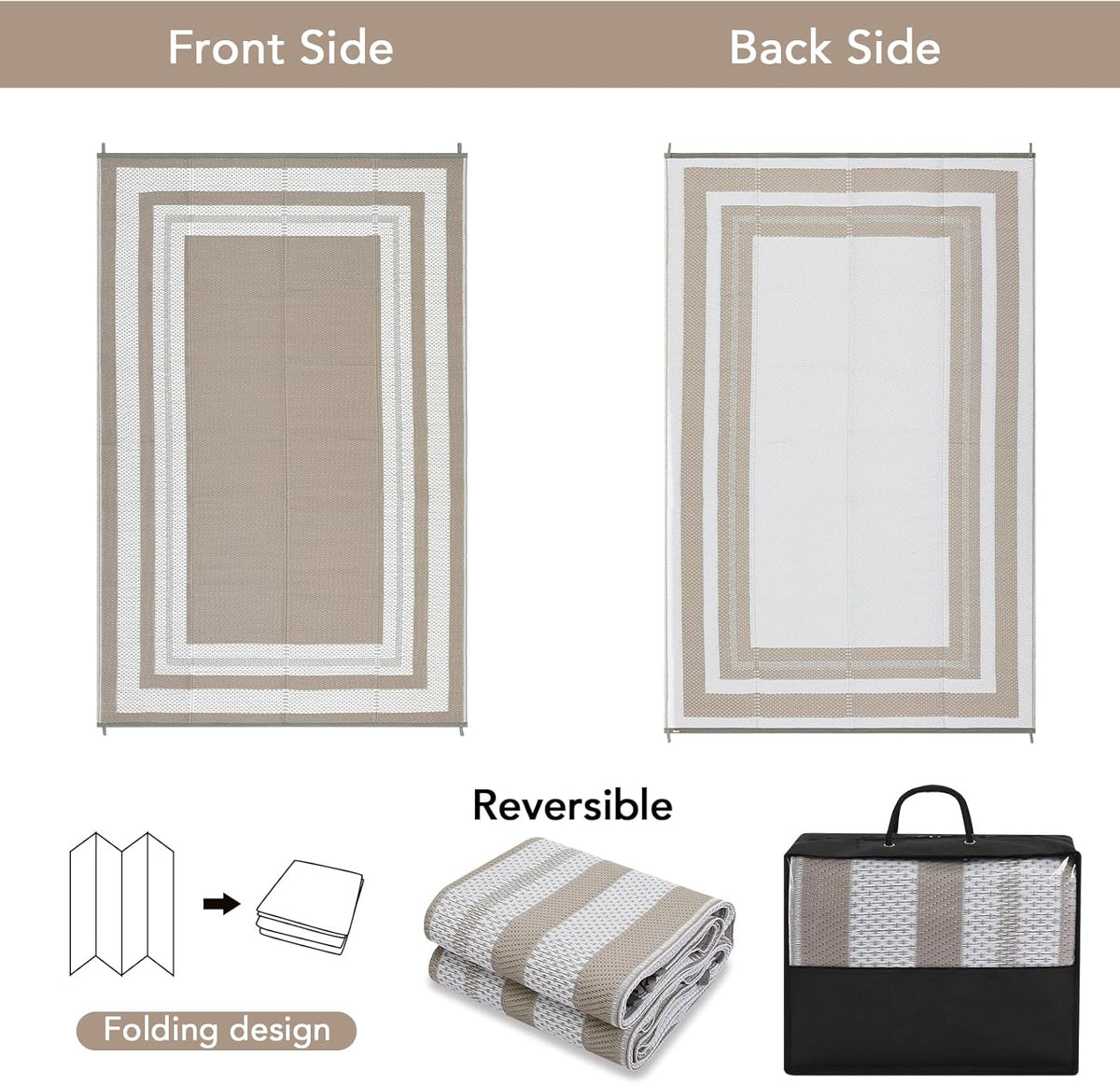 Garvee 9x12 Outdoor Patio Rug Plastic Straw Rug Waterproof Panel Grey Brown