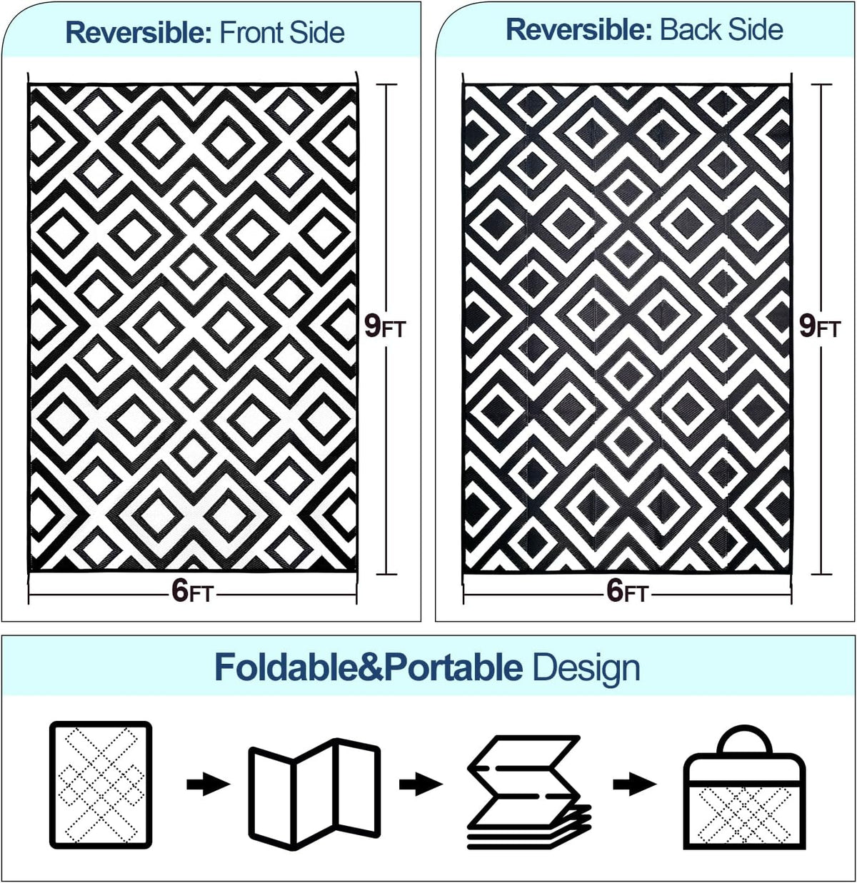 DiiKoo Outdoor Rug Mat for Patio, 6x9ft Waterproof Reversible Plastic Straw Rugs, Camping Carpet Area Mats for RV, Porch, Deck, Backyard, Balcony, Camper, Trailer, Black & White