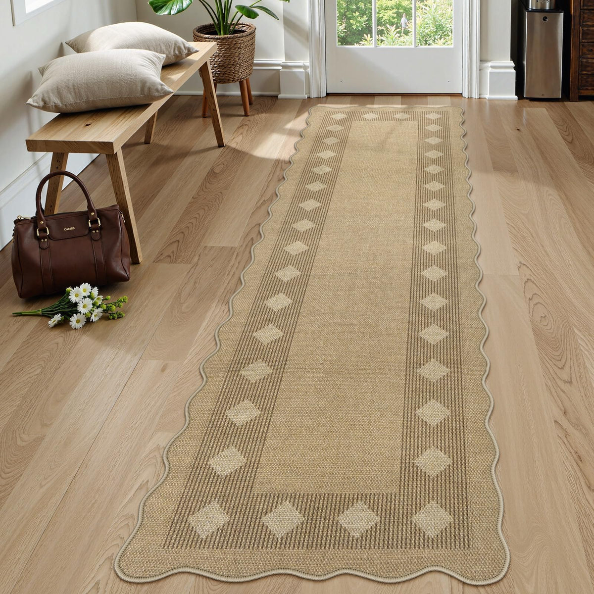 LIVEBOX Scalloped Easy Jute 3x5 Outdoor Rug, Washable Non-Slip Geometric Tan Rugs for Entryway, Indoor Outdoor Farmhouse Rug Modern Carpet Door Mat Area Rug for Patio Bedroom Living Room Kitchen Porch