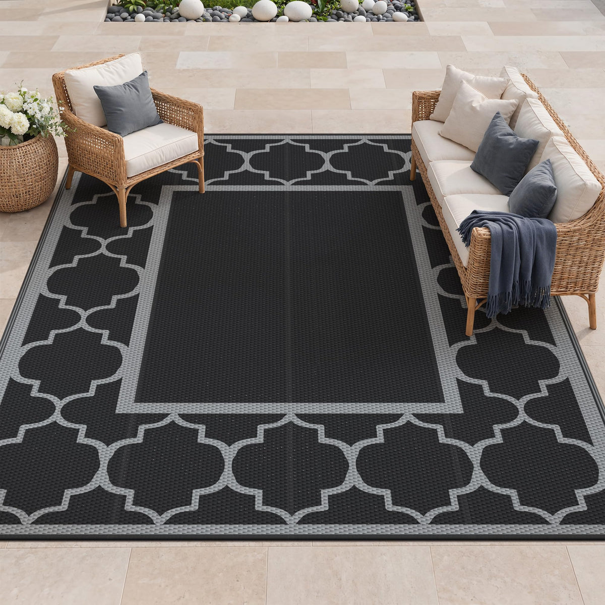 GENIMO Outdoor Rug, Waterproof Plastic Rugs for Patio, 5'x8' Blue White