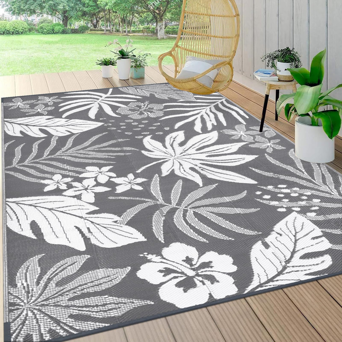 Pauwer Waterproof Outdoor Rug 5x8, Plastic Straw Patio Rug, Leaf Brown