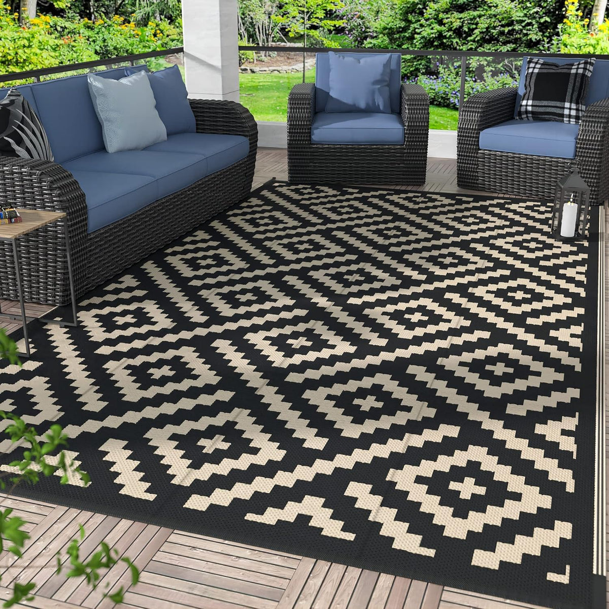 GENIMO Outdoor Rug, Waterproof Plastic Rugs for Patio, 5'x8' Black Grey