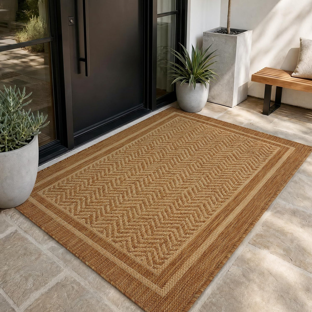 MontVoo-Outdoor Rug-Patio Rug 5x7 Polypropylene Indoor Outdoor Rugs Outdoor Carpet for Patio Deck Balcony Porch, Textured Weave, Durable for High Traffic, Fade-Resistant, Boho Farmhouse Neutral Brown