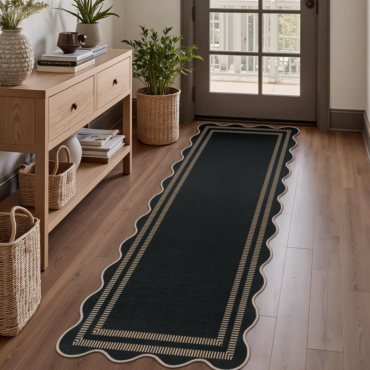 Scalloped Easy Jute 3x5 Front Door Mat, Washable Rugs for Entryway Black Outdoor Patio Rug, Farmhouse Neutral Non Slip Indoor Carpet for Porch Backyard