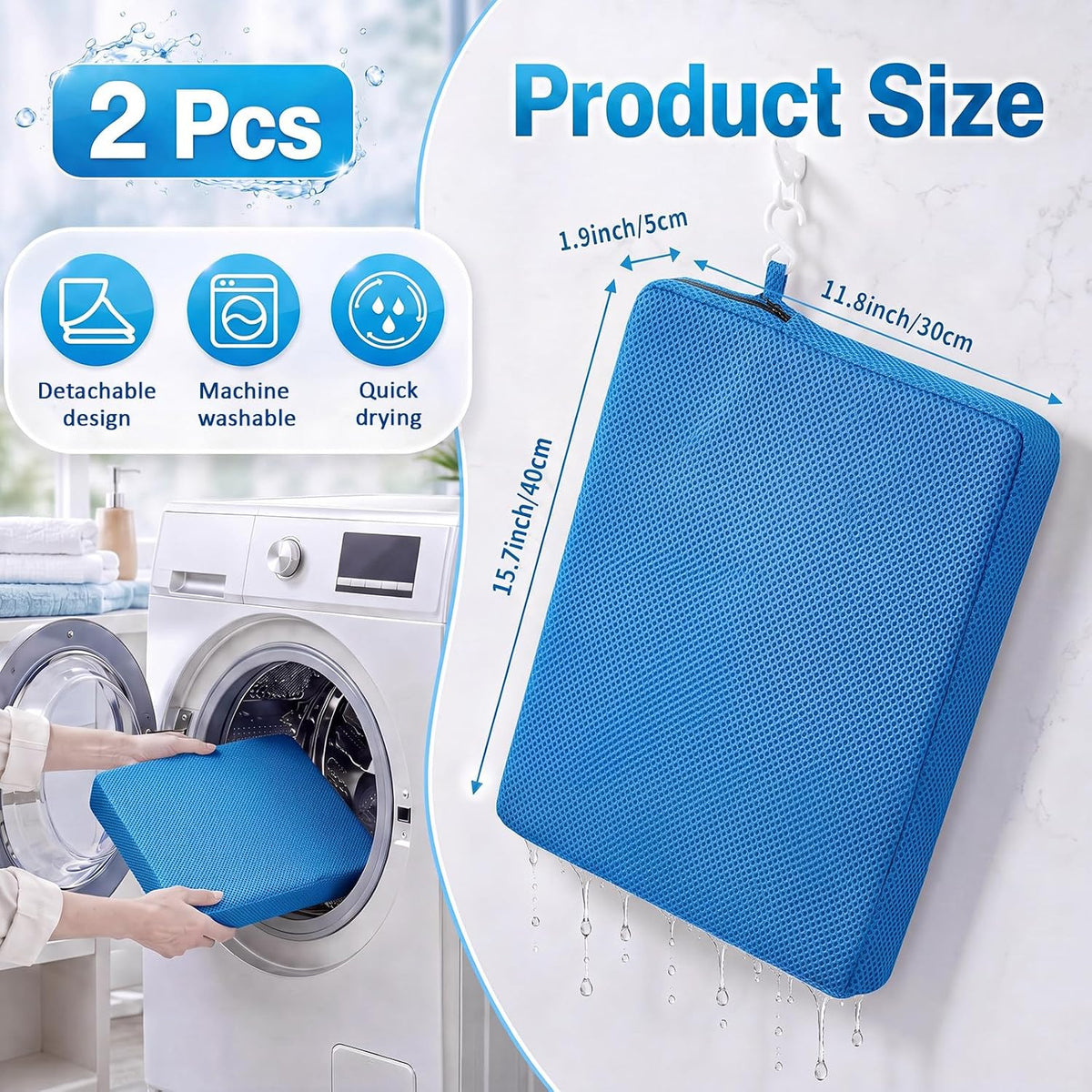 Leinuosen 2 Pcs Shower Seat Cushion with Non Slip Silicone Bottom 4d Mesh Pad Waterproof Shower Chair Cushion Bathtub Pad Bath Pillow Seat Mat Washable Fast Drying for Elderly Disabled(Blue)