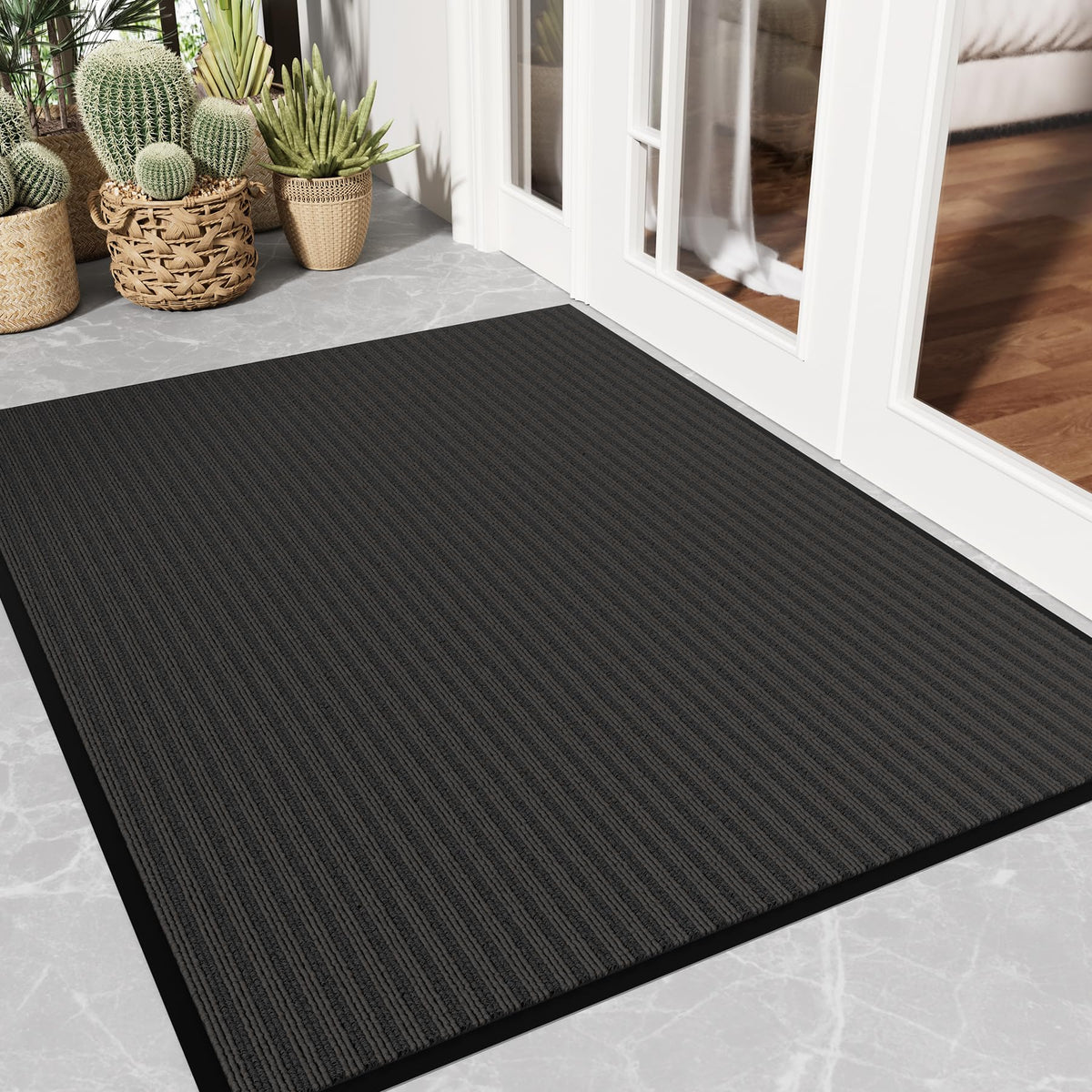Front Door Mat, 3' x 5' Heavy Duty Door Mat Outside Entrance, Non-Slip Welcome Mat, Absorbent & Dirt Resistant, Low Profile Large Door Mats, Commercial Rugs for Entryway Indoor Outdoor, Grey
