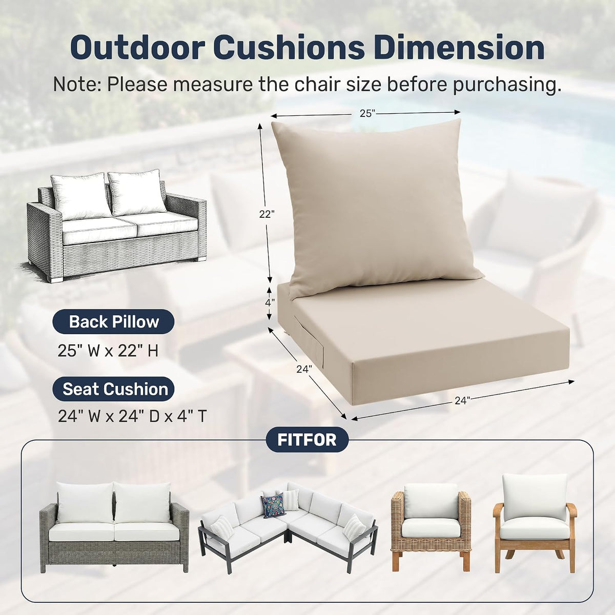 UNIKOME Outdoor Seat Cushions 24 X 24 Inch - Water-Resistant & Fade Resistant, Removable Cover Patio Furniture Cushions for Chair, Sofa, Couch, Wicker, Beige