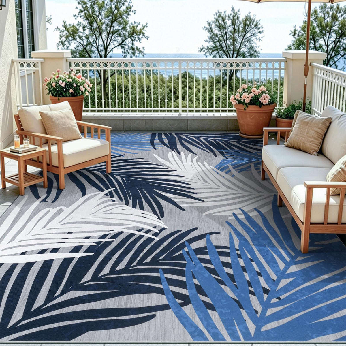 Pauwer Indoor Outdoor Area Rugs 6x9, Washbale Outdoor Patio Rug, Blue White
