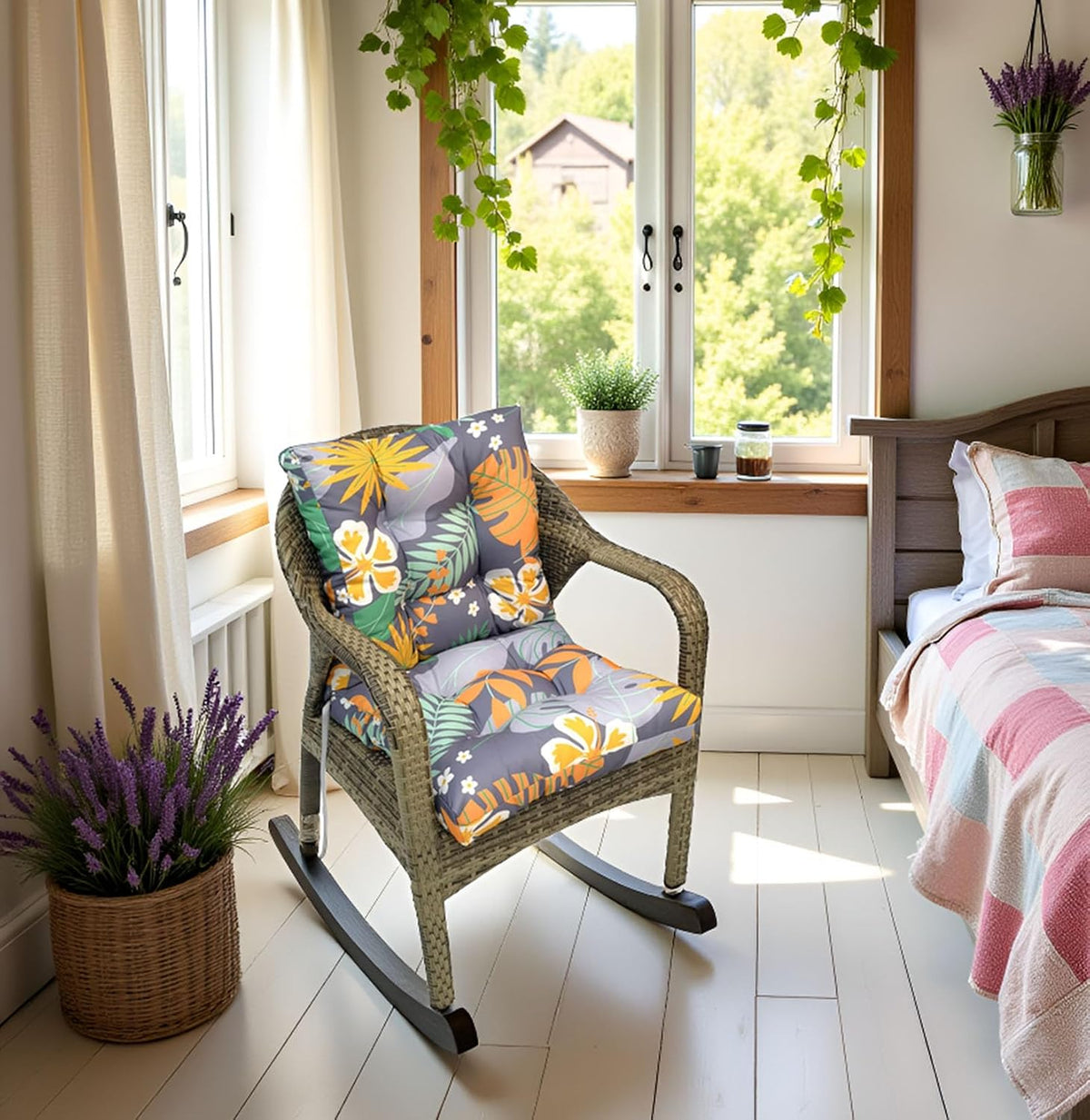 Outdoor Chair Cushions Waterproof Floral Tufted Lawn Wicker Chair Cushion for Patio Furniture Indoor Rocking Chair Pad 41.7"*20.8"*3.5" Hawaii