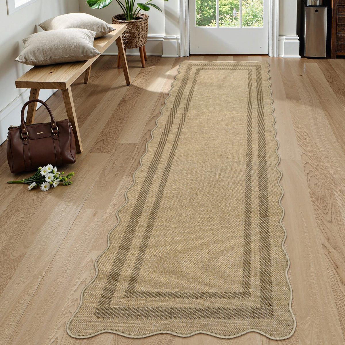 LIVEBOX Scalloped Easy Jute 3x5 Outdoor Rug, Washable Non-Slip Geometric Tan Rugs for Entryway, Indoor Outdoor Farmhouse Rug Modern Carpet Door Mat Area Rug for Patio Bedroom Living Room Kitchen Porch