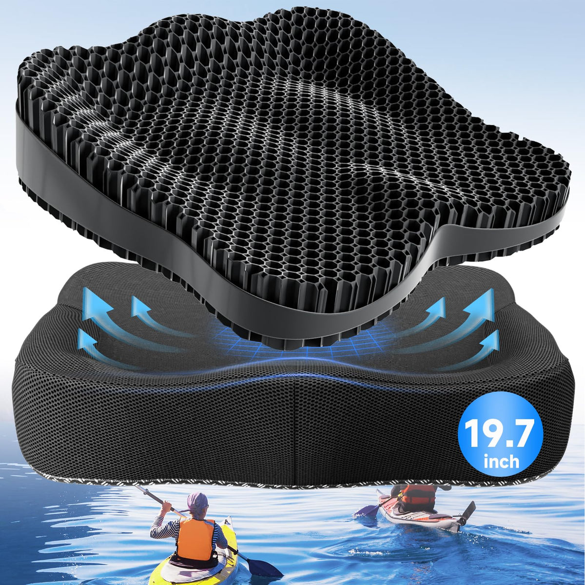 Extra Thicker Kayak Seat Cushion, Waterproof Kayak Gel Seat Cushion for Long Sitting Coccyx Sciatica Pain Relief Boat Cushion Kayak Accessories Pad for Fishing Canoe Rowing Stadium