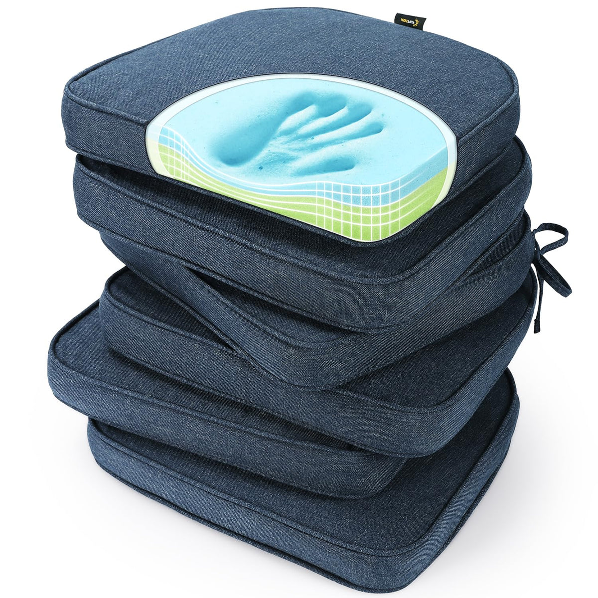 SUNROX Gel Memory Foam Chair Cushions, FadeShield Water-, Stain-Resistant Durable Reversible Seat Cushion Pads with Ties for Indoor/Outdoor Kitchen Dining Office 17"x16" Set of 2, Navy