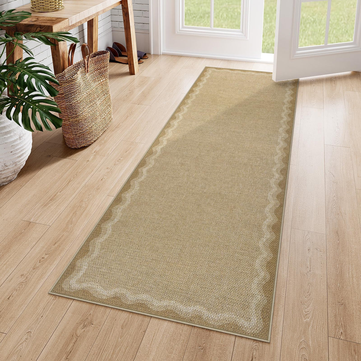 LIVEBOX Scalloped Easy Jute 3x5 Outdoor Rug, Washable Non-Slip Geometric Tan Rugs for Entryway, Indoor Outdoor Farmhouse Rug Modern Carpet Door Mat Area Rug for Patio Bedroom Living Room Kitchen Porch