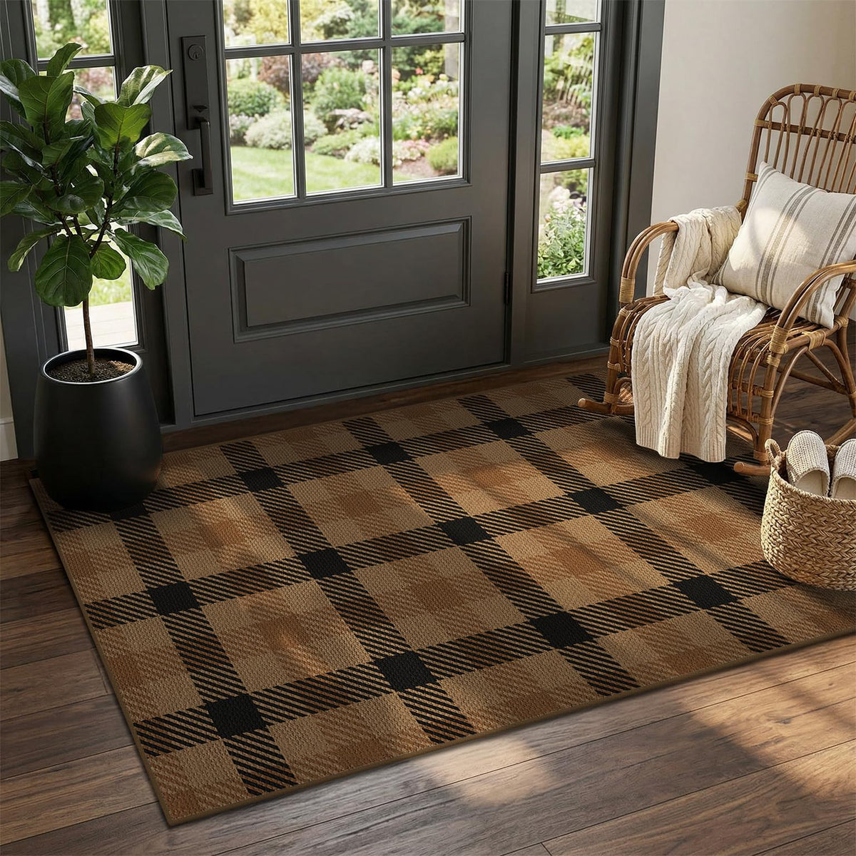 JTJ Easy Jute 3x5 Outdoor Rug for Front Porch, Washable Sage Green Plaid