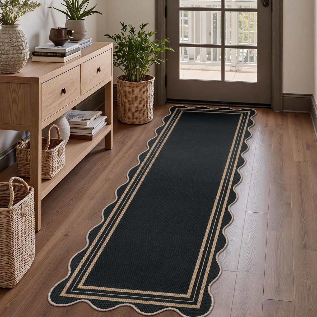 Scalloped Easy Jute 3x5 Front Door Mat, Washable Rugs for Entryway Black Outdoor Patio Rug, Farmhouse Neutral Non Slip Indoor Carpet for Porch Backyard