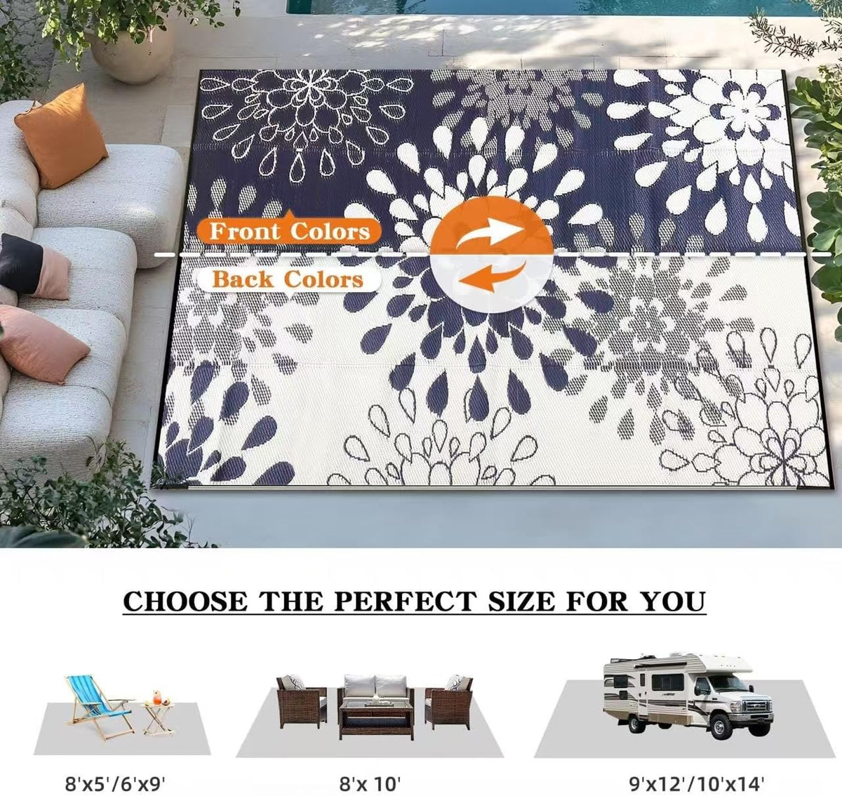 Wallona Outdoor Rug 8x10 ft, Flower Blue & White