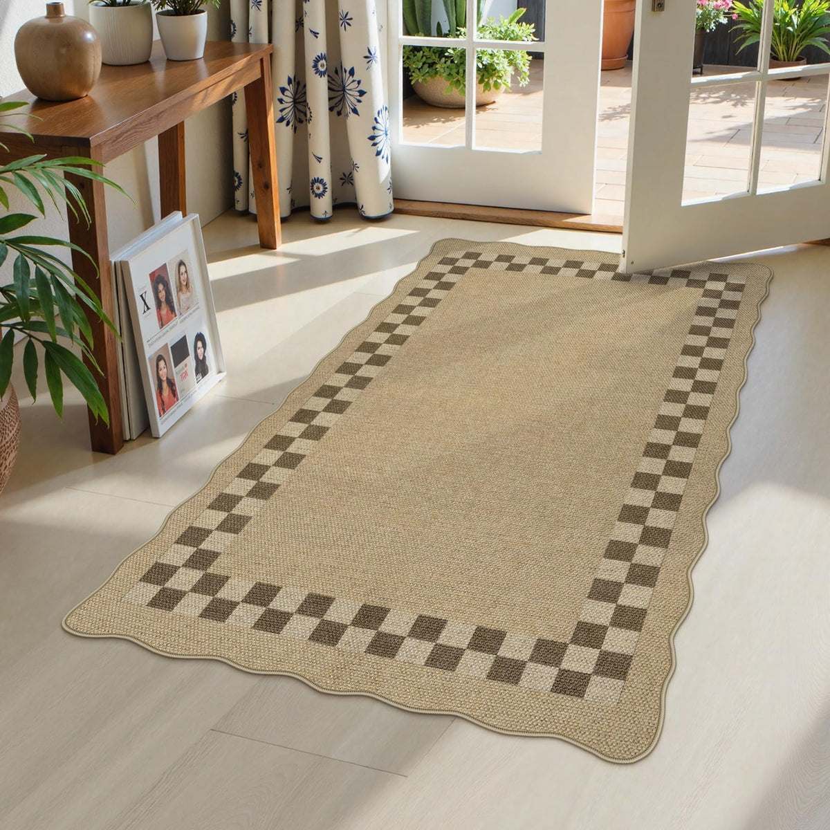 LIVEBOX Scalloped Easy Jute 3x5 Outdoor Rug, Washable Non-Slip Geometric Tan Rugs for Entryway, Indoor Outdoor Farmhouse Rug Modern Carpet Door Mat Area Rug for Patio Bedroom Living Room Kitchen Porch