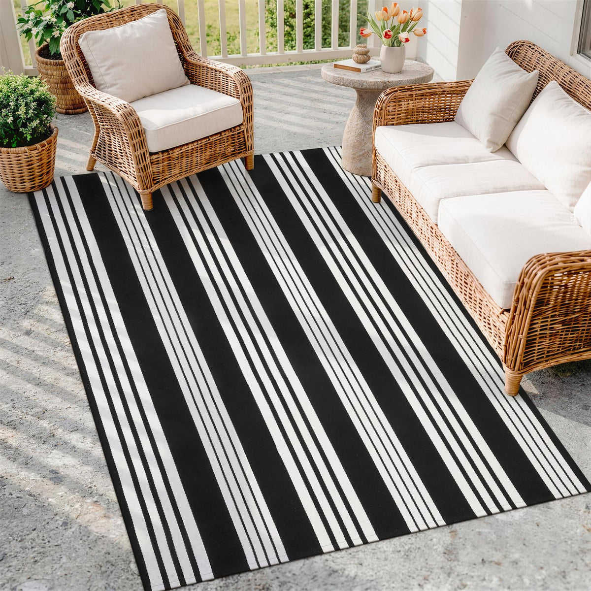 OJIA Outdoor Rug 3'x5', Black and Tan Patio Rugs Fall Door Mat Outside