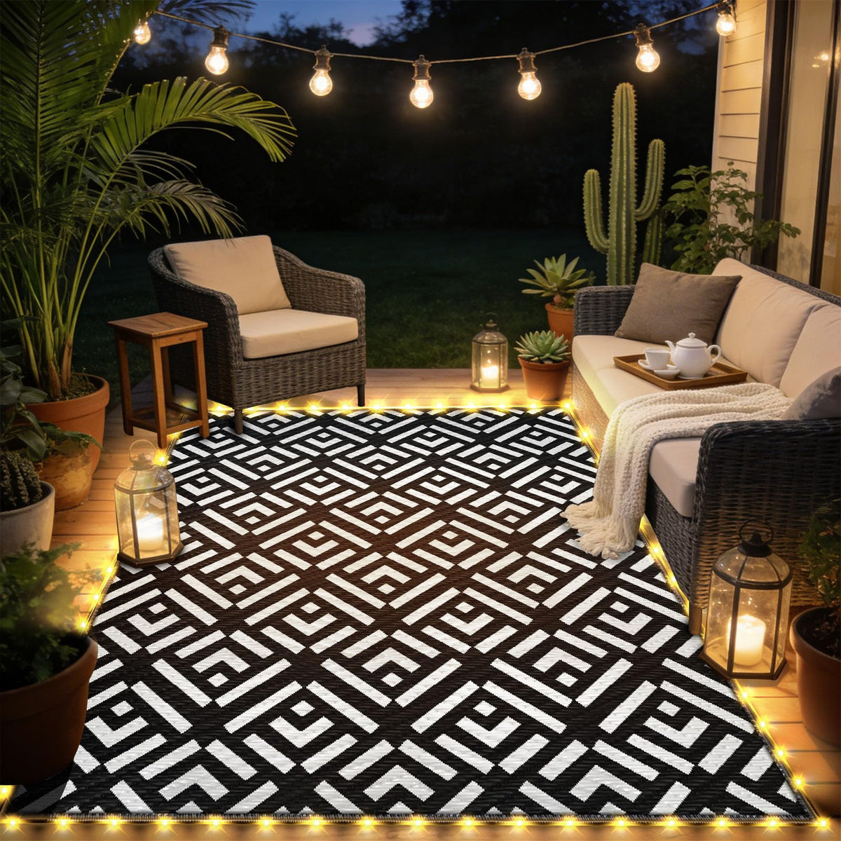 9x12Ft Outdoor Rug, Solar Powered Outdoor Rug with 131LEDs Strip Lights for House Deck, Waterproof Plastic Reversible Outdoor Straw Rugs, Rugs Mat RV Camping Patio Beach Balcony Picnic (Black Gray)
