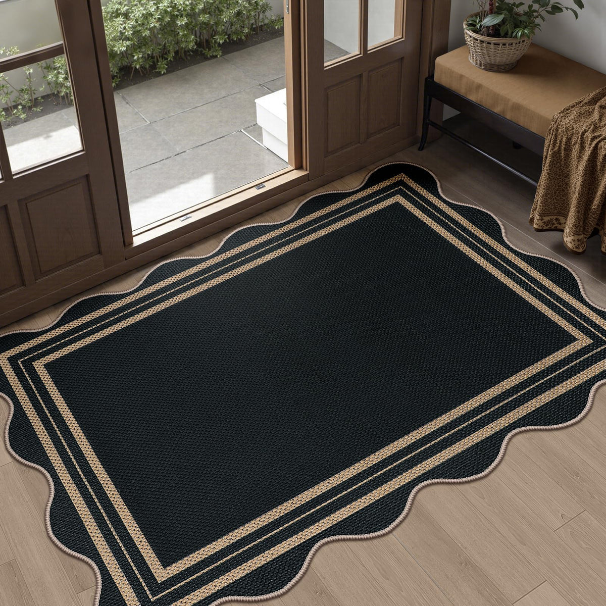 Scalloped Easy Jute 3x5 Front Door Mat, Washable Rugs for Entryway Black Outdoor Patio Rug, Farmhouse Neutral Non Slip Indoor Carpet for Porch Backyard