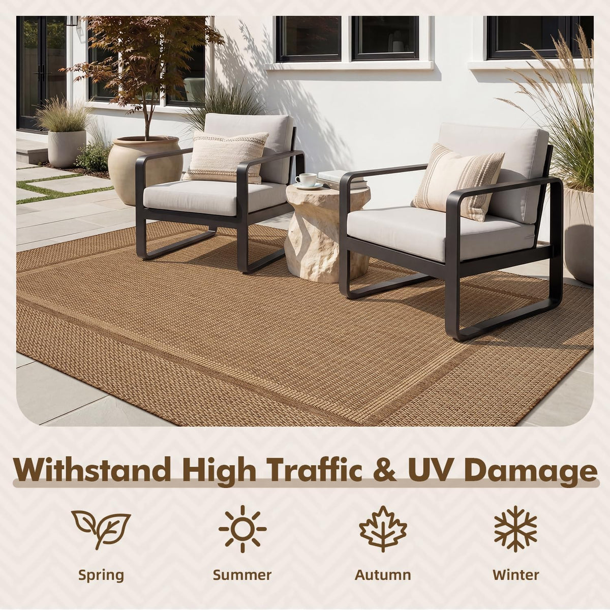 MontVoo-Outdoor Rug-Patio Rug 5x7 ft Polypropylene Indoor Outdoor Rugs Outdoor Carpet for Patio Deck Balcony Porch, Textured Weave, Durable for High Traffic, Fade-Resistant, Modern Neutral Brown