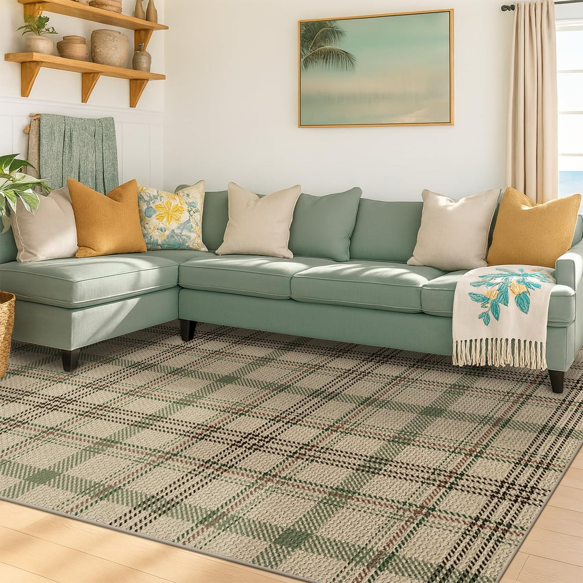 JTJ Easy Jute 3x5 Outdoor Rug for Front Porch, Washable Sage Green Plaid