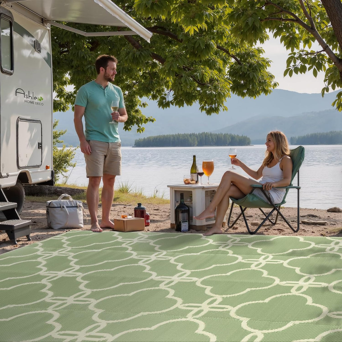 Ashler Sage Green Outdoor Plastic Straw Rug Waterproof for Patio, Clearance Reversible Camping Mats, 9x12 Large Outdoor Area Rugs with Carrying Bag, for RV, Picnic, Backyard, Indoor