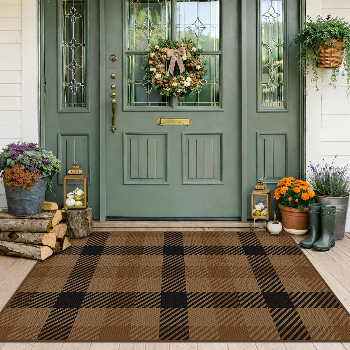 JTJ Easy Jute 3x5 Outdoor Rug for Front Porch, Washable Sage Green Plaid
