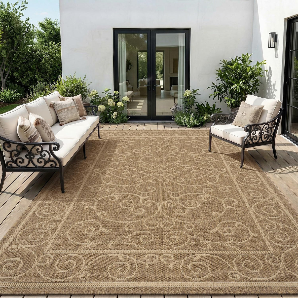 MontVoo-Outdoor Rug-Patio Rug 5x7 ft Polypropylene Indoor Outdoor Rugs Outdoor Carpet for Patio Deck Balcony Porch, Textured Weave, Durable for High Traffic, Fade-Resistant, Modern Neutral Brown