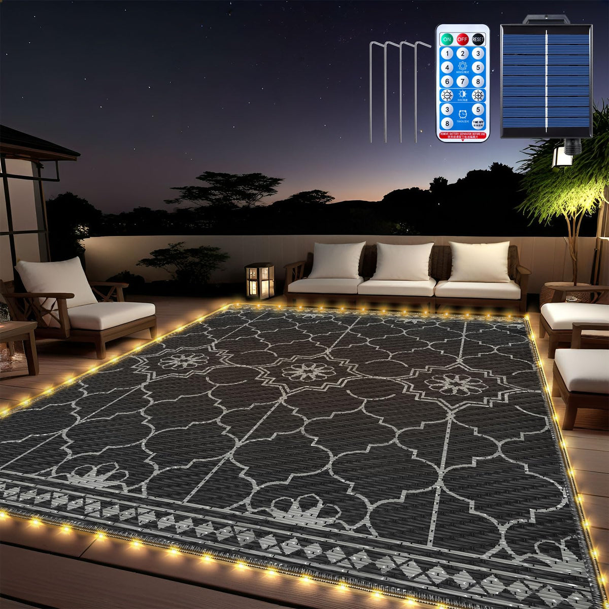 9x12Ft Outdoor Rug, Solar Powered Outdoor Rug with 131LEDs Strip Lights for House Deck, Waterproof Plastic Reversible Outdoor Straw Rugs, Rugs Mat RV Camping Patio Beach Balcony Picnic (Black Gray)