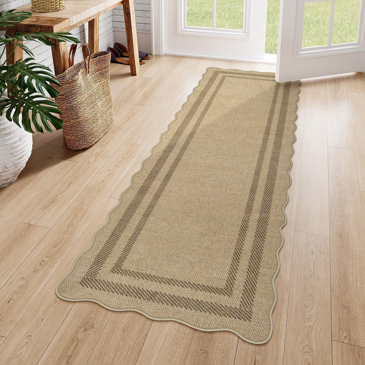 LIVEBOX Scalloped Easy Jute 3x5 Outdoor Rug, Washable Non-Slip Geometric Tan Rugs for Entryway, Indoor Outdoor Farmhouse Rug Modern Carpet Door Mat Area Rug for Patio Bedroom Living Room Kitchen Porch