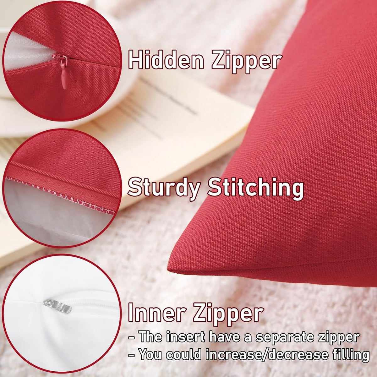 Outdoor Throw Pillows with Inserts, Waterproof Pillows for Outdoor Seating, Square Decorative Garden Cushion for Patio Furniture, Bed, Couch, Sofa(Red, 18" x 18" (Pack of 2))