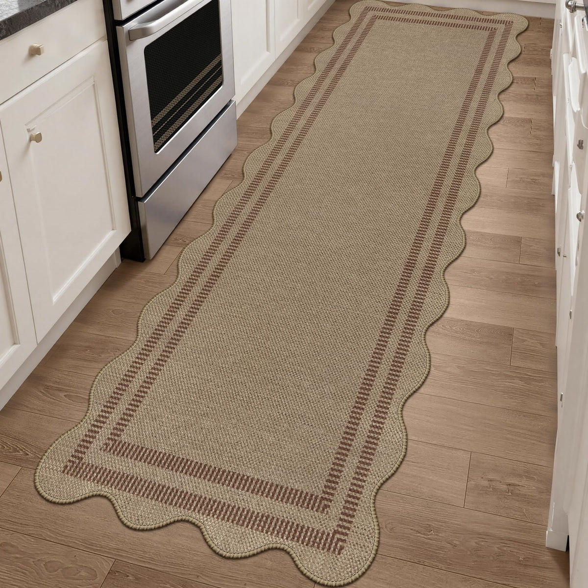 Scalloped Easy Jute 3x5 Front Door Mat, Washable Rugs for Entryway Black Outdoor Patio Rug, Farmhouse Neutral Non Slip Indoor Carpet for Porch Backyard