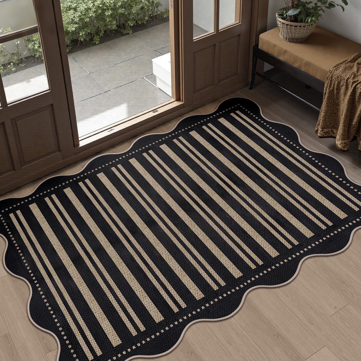 Scalloped Easy Jute 3x5 Front Door Mat, Washable Rugs for Entryway Black Outdoor Patio Rug, Farmhouse Neutral Non Slip Indoor Carpet for Porch Backyard