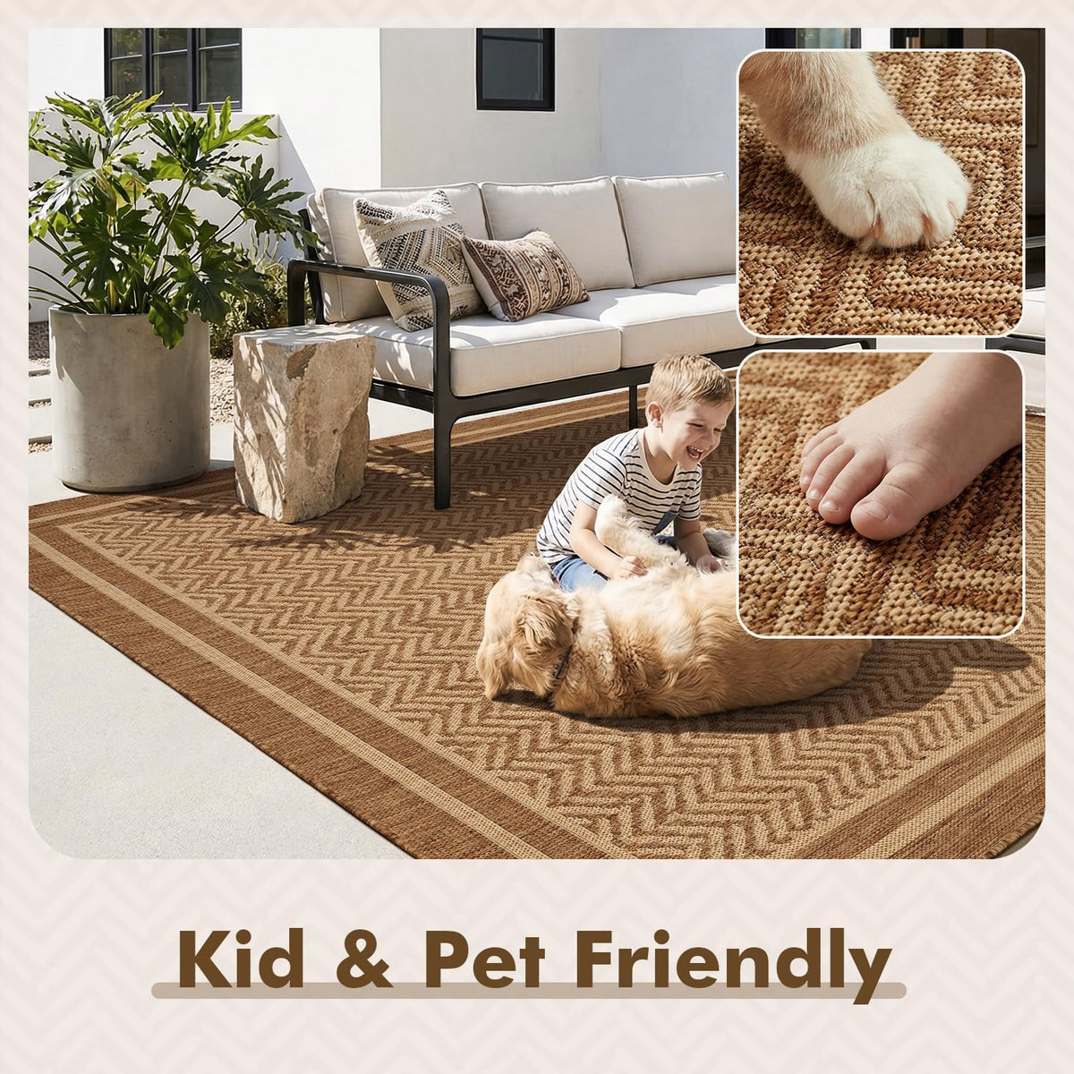 MontVoo-Outdoor Rug-Patio Rug 5x7 Polypropylene Indoor Outdoor Rugs Outdoor Carpet for Patio Deck Balcony Porch, Textured Weave, Durable for High Traffic, Fade-Resistant, Boho Farmhouse Neutral Brown