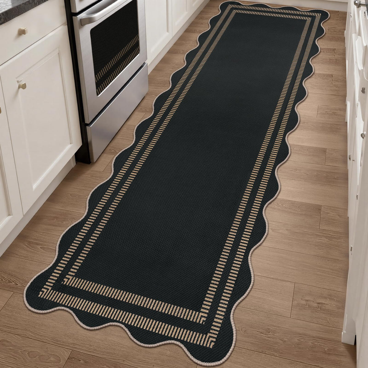 Scalloped Easy Jute 3x5 Front Door Mat, Washable Rugs for Entryway Black Outdoor Patio Rug, Farmhouse Neutral Non Slip Indoor Carpet for Porch Backyard