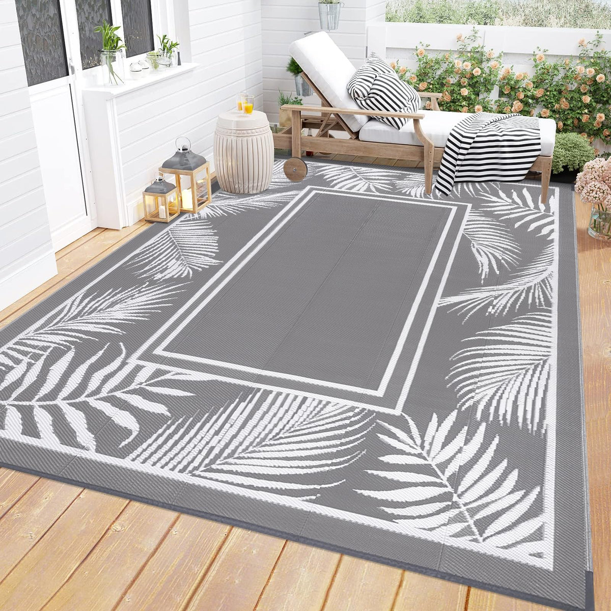 Bsmathom Waterproof Outdoor Rug 8'x10' Reversible Boho Plastic Straw Patio Deck Camping Rugs, Indoor Outdoor Portable RV Mat Clearance Carpet for Outside, Porch, Balcony, Backyard, Beach, Pool,Grey