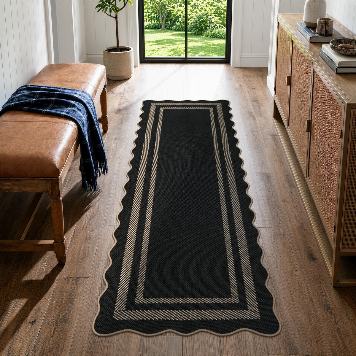 LIVEBOX Scalloped Easy Jute 3x5 Outdoor Rug, Washable Non-Slip Geometric Tan Rugs for Entryway, Indoor Outdoor Farmhouse Rug Modern Carpet Door Mat Area Rug for Patio Bedroom Living Room Kitchen Porch