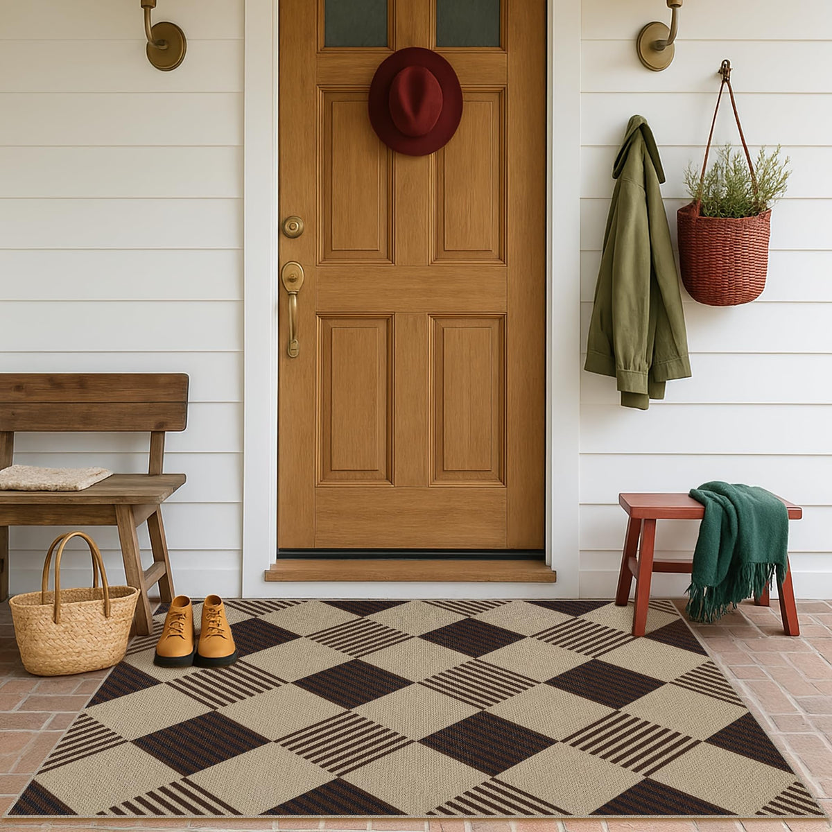 JTJ Easy Jute 3x5 Outdoor Rug for Front Porch, Washable Sage Green Plaid